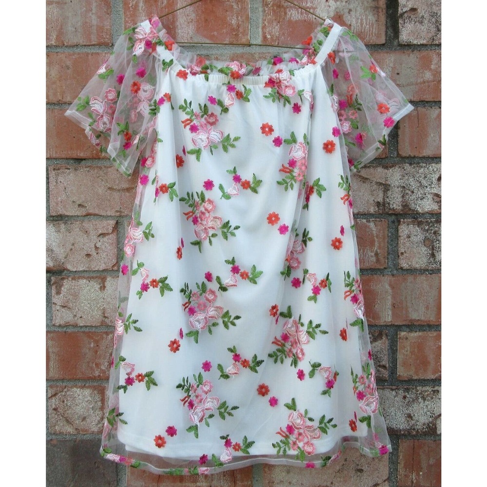 Floral Embroidered Mesh Mini Dress Juniors M White Pink Green Flowers Tent Shift